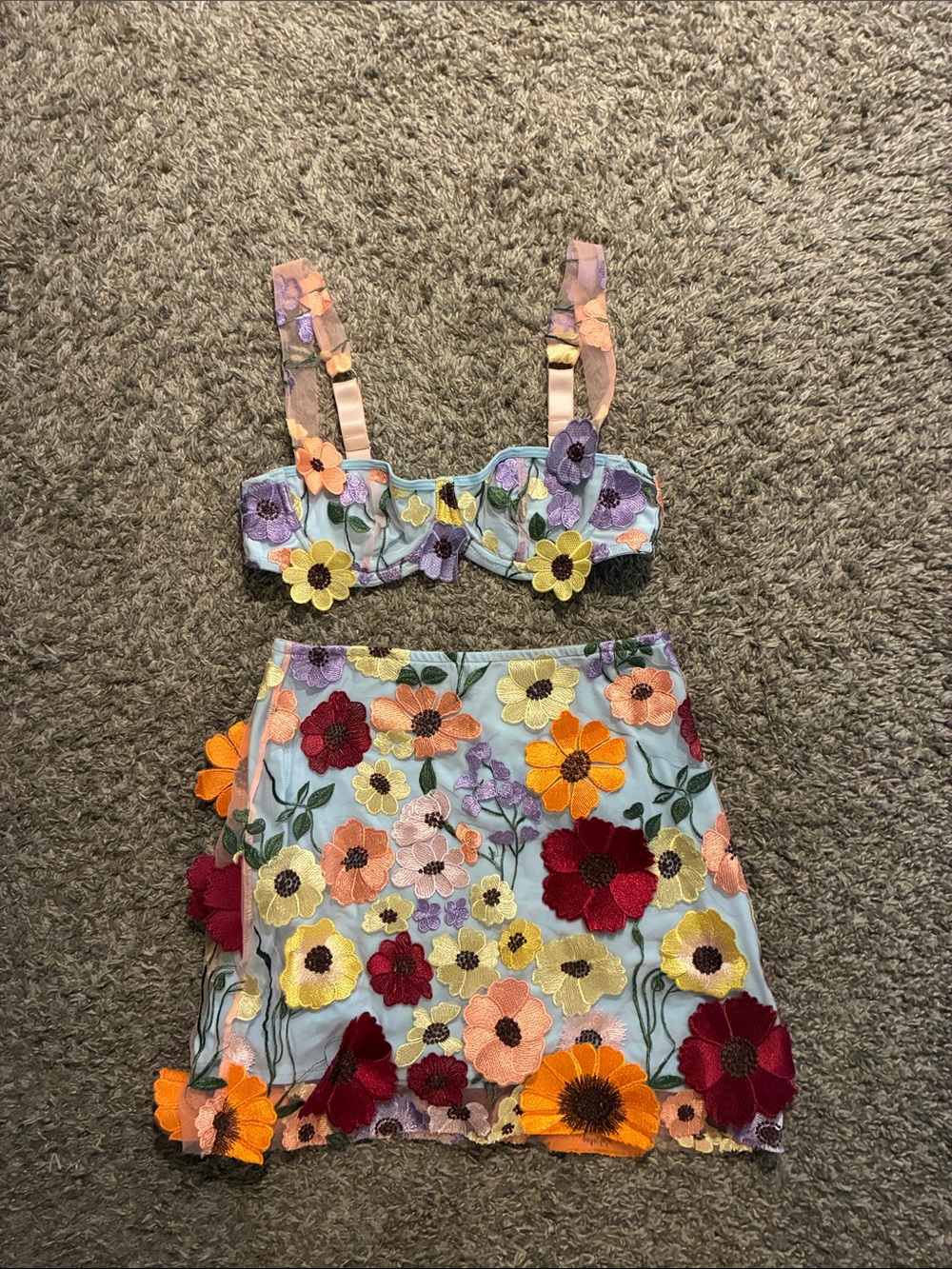 Finesse Light Blue Floral Embroidered Bralette & Skirt Set